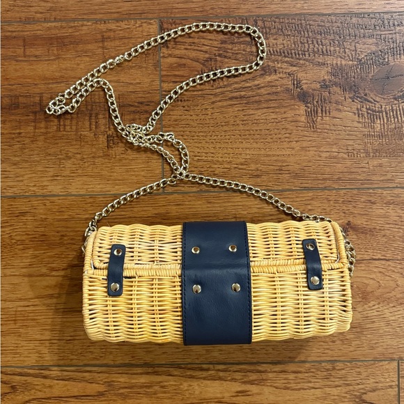 Talbots Wicker Rattan Crossbody Clutch - Gold Chain - Polka Dot lining - Navy - Picture 8 of 12